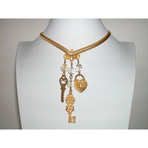 Gold-Tone Vintage Necklace With Crystal Accents & Key Charms